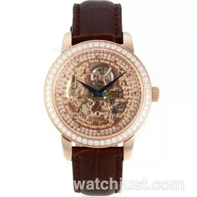 Patek Philippe Automatic Rose Gold Case Diamond Bezel With Skeleton Dial Brown Leather Strap