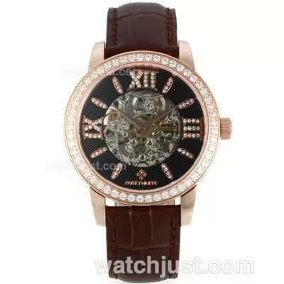 Patek Philippe Skeleton Automatic Rose Gold Case Diamond Bezel With Brown Leather Strap Sapphire Glass