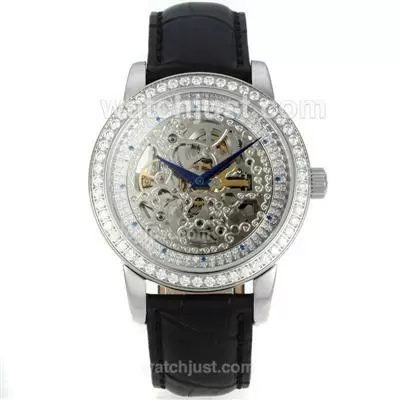 Patek Philippe Automatic Diamond Bezel With Skeleton Dial Black Leather Strap