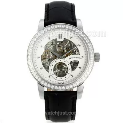 Patek Philippe Automatic Diamond Bezel With Skeleton/white Dial Black Leather Strap