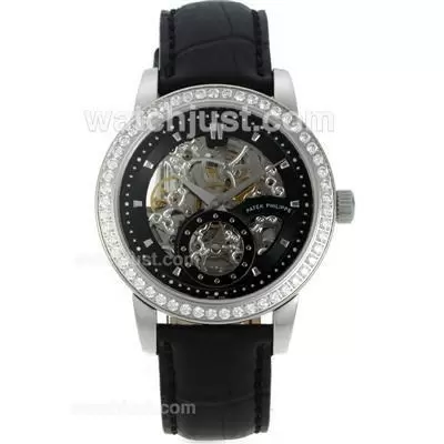 Patek Philippe Automatic Diamond Bezel With Skeleton/black Dial Black Leather Strap