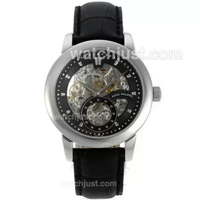 Patek Philippe Automatic With Skeleton/black Dial Black Leather Strap