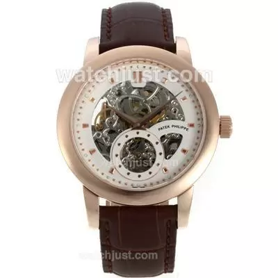 Patek Philippe Automatic Rose Gold Case And Markers With Skeleton/white Dial Brown Leather Strap