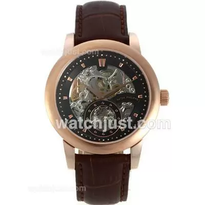 Patek Philippe Automatic Rose Gold Case With Skeleton/black Dial Brown Leather Strap