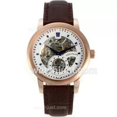 Patek Philippe Automatic Rose Gold Case Blue Markers With Skeleton/white Dial Brown Leather Strap