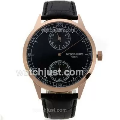 Patek Philippe Classic Manual Winding Rose Gold Case With Black Dial Black Leather Strap