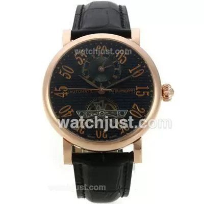 Patek Philippe Tourbillon Working Two Time Zone Automatic Rose Gold Case With Black Dial Leather Strap