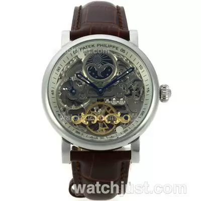 Patek Philippe Working Two Time Zone Automatic With Skeleton Dial Leather Strap