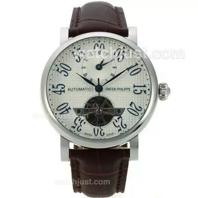 Patek Philippe Tourbillon Working Two Time Zone Automatic With White Dial Leather Strap