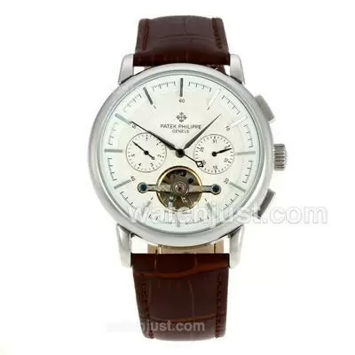 Patek Philippe Tourbillon Automatic Stick Markers With White Dial Leather Strap