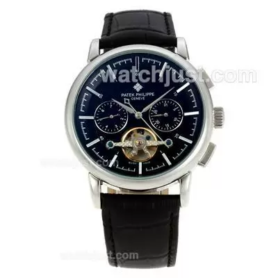 Patek Philippe Tourbillon Automatic Stick Markers With Black Dial Leather Strap