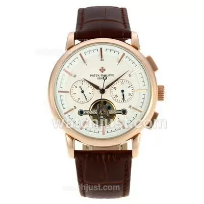 Patek Philippe Tourbillon Automatic Rose Gold Case Stick Markers With White Dial Leather Strap