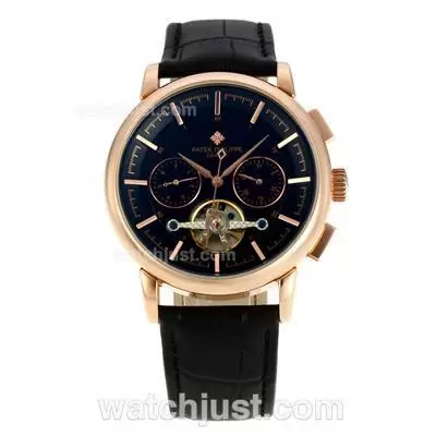 Patek Philippe Tourbillon Automatic Rose Gold Case Stick Markers With Black Dial Leather Strap