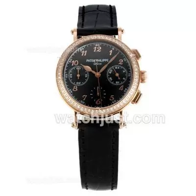 Patek Philippe Classic Working Diamond Bezel Rose Gold Case With Black Dial Black Leather Strap