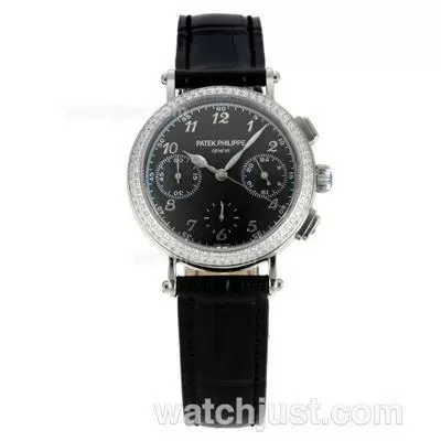 Patek Philippe Classic Working Diamond Bezel With White Dial Black Leather Strap