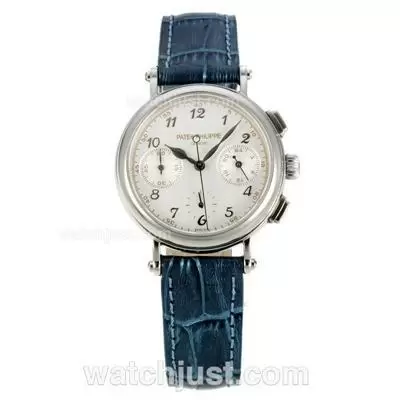 Patek Philippe Classic Working Diamond Bezel With White Dial Blue Leather Strap