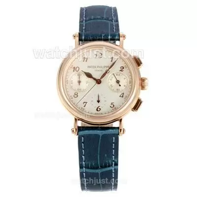 Patek Philippe Classic Working Diamond Bezel Rose Gold Case With White Dial Blue Leather Strap