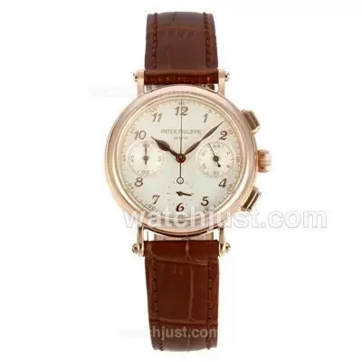 Patek Philippe Classic Working Diamond Bezel Rose Gold Case With White Dial Brown Leather Strap