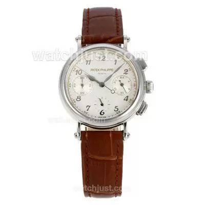 Patek Philippe Classic Working Diamond Bezel With White Dial Brown Leather Strap