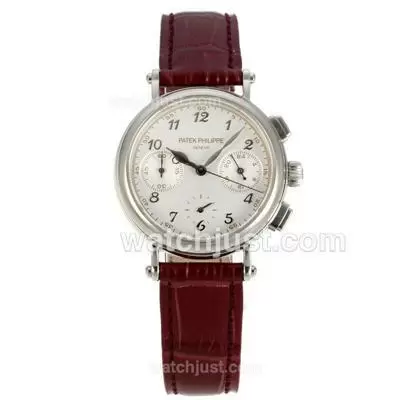 Patek Philippe Classic Working Diamond Bezel With White Dial Burgundy Leather Strap