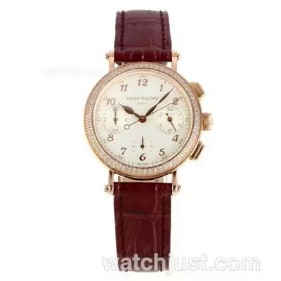 Patek Philippe Classic Working Diamond Bezel Rose Gold Case With White Dial Burgundy Leather Strap