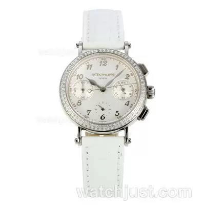 Patek Philippe Classic Working Diamond Bezel With White Dial White Leather Strap