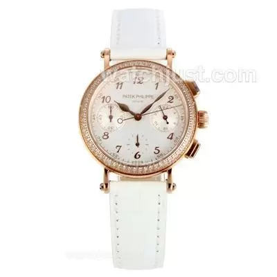 Patek Philippe Classic Working Diamond Bezel Rose Gold Case With White Dial White Leather Strap