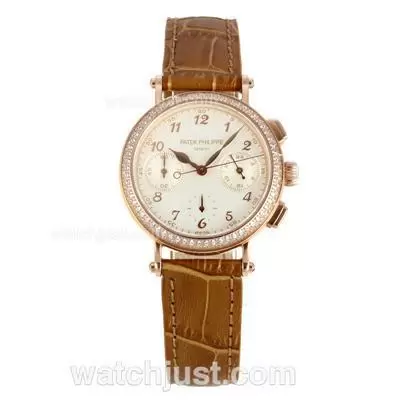 Patek Philippe Classic Working Diamond Bezel Rose Gold Case With White Dial Brown Leather Strap