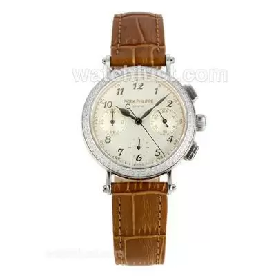 Patek Philippe Classic Working Diamond Bezel With White Dial Brown Leather Strap