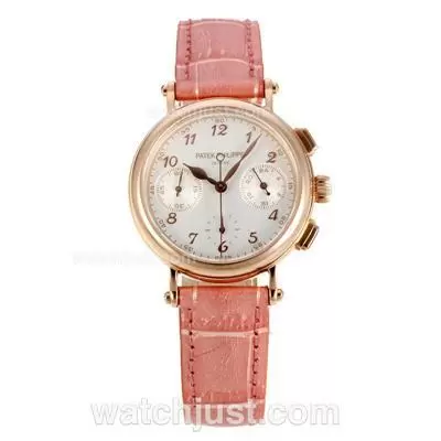 Patek Philippe Classic Working Diamond Bezel Rose Gold Case With White Dial Pink Leather Strap