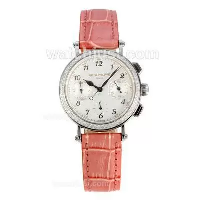 Patek Philippe Classic Working Diamond Bezel With White Dial Pink Leather Strap