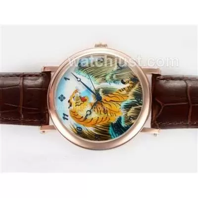 Patek Philippe Classic Manual Winding Rose Gold Case Tiger Illustration With Enamel Dial