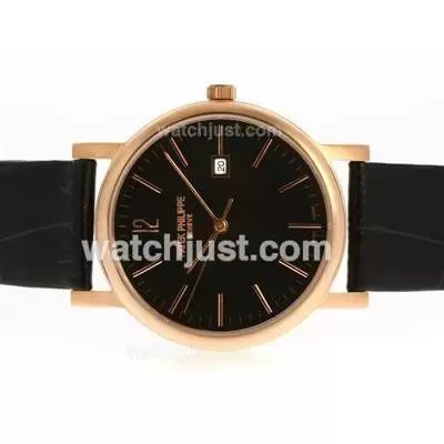 Patek Philippe Classic Rose Gold Case With Black Dial And Leather Strap