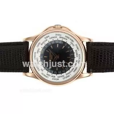 Patek Philippe Worldtime Gold 5110 Automatic Rose Gold Case With Black Dial Leather Strap