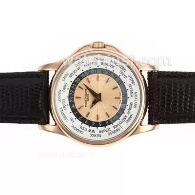 Patek Philippe Worldtime Gold 5110 Automatic Rose Gold Case With Champagne Dial Leather Strap