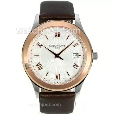 Patek Philippe Classic Automatic Two Tone Case With White Dial Leather Strap