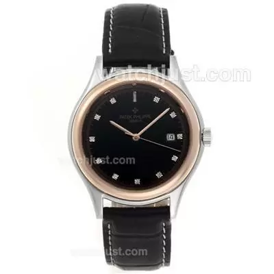 Patek Philippe Classic Automatic Two Tone Case With Black Dial Leather Strap