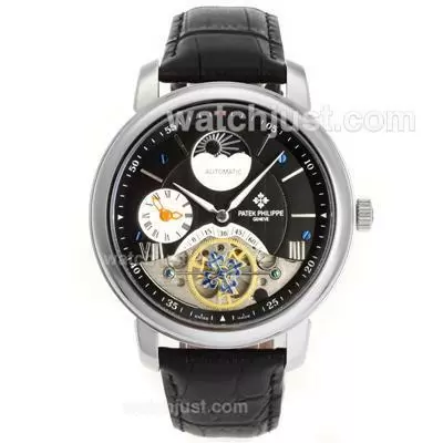 Patek Philippe Tourbillon Automatic Two Time Zone With Black Dial Leather Strap