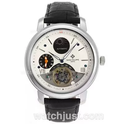 Patek Philippe Tourbillon Automatic Two Time Zone With White Dial Leather Strap