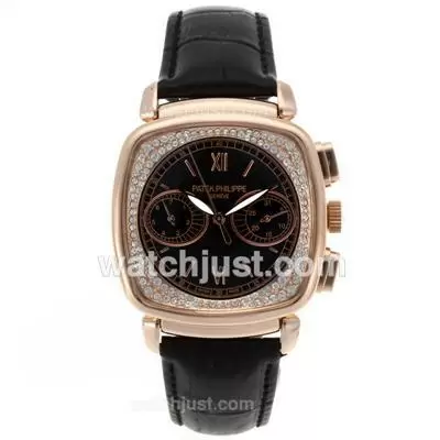 Patek Philippe Classic Automatic Rose Gold Case Diamond Bezel With Black Dial 18k Plated Gold Movement