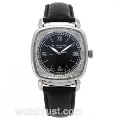 Patek Philippe Classic Automatic Diamond Bezel With Black Dial Leather Strap