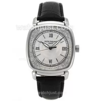 Patek Philippe Classic Automatic Diamond Bezel With White Dial Leather Strap