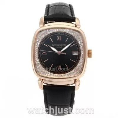 Patek Philippe Classic Automatic Rose Gold Case Diamond Bezel With Black Dial Leather Strap