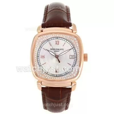 Patek Philippe Classic Automatic Rose Gold Case Diamond Bezel With White Dial Leather Strap