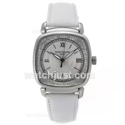 Patek Philippe Classic Automatic Diamond Bezel With White Dial Leather Strap