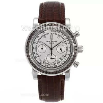 Patek Philippe Classic Working Brown Diamond Bezel With White Dial Leather Strap