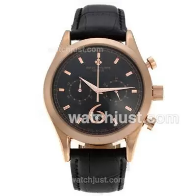 Patek Philippe Classic Working Rose Gold Case With Black Dial Leather Strap