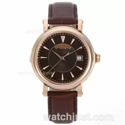 Patek Philippe Automatic Rose Gold Case Brown Dial With Leather Strap 18k Plated Gold Movement