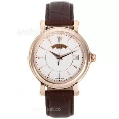 Patek Philippe Automatic Rose Gold Case White Dial With Leather Strap 18k Plated Gold Movement