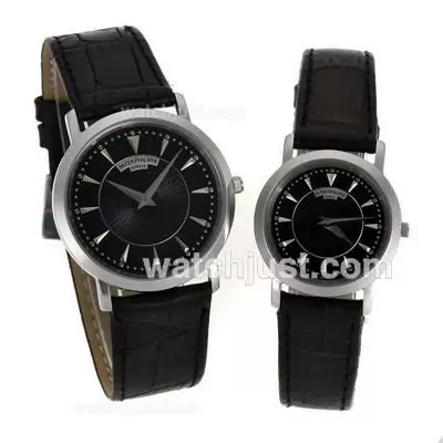 Patek Philippe Classic Stick Markers With Black Dial Leather Strap